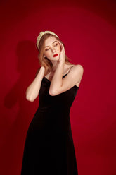 Velvet midi dress with cowl neckline and slim straps for elegant evening and cocktail wear